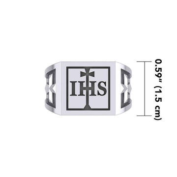 The I H S Cross Silver Signet Men Ring TRI1979 - Jewelry